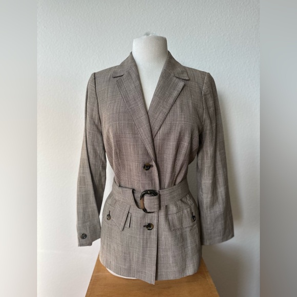 VTG Classiques Entier Grey Plaid Belted Wool Linen Blend Lined Blazer Jacket 12 - Picture 5 of 12